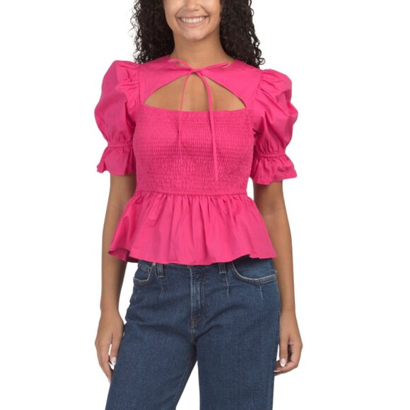 SUGAR LIPS Fuschia Tie Neck Smocked Top Blouse - Picture 1 of 2